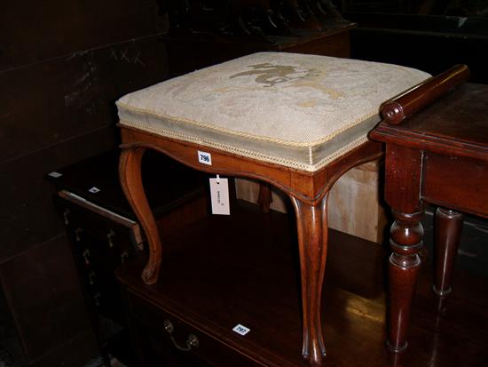 Victorian walnut stool, tapestry-covered on cabriole legs